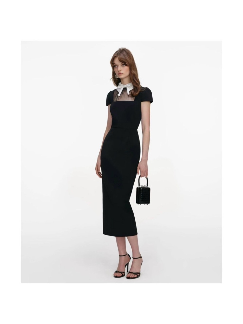 Self-Portrait Black Crepe Bow Collar Midi Dress US 4